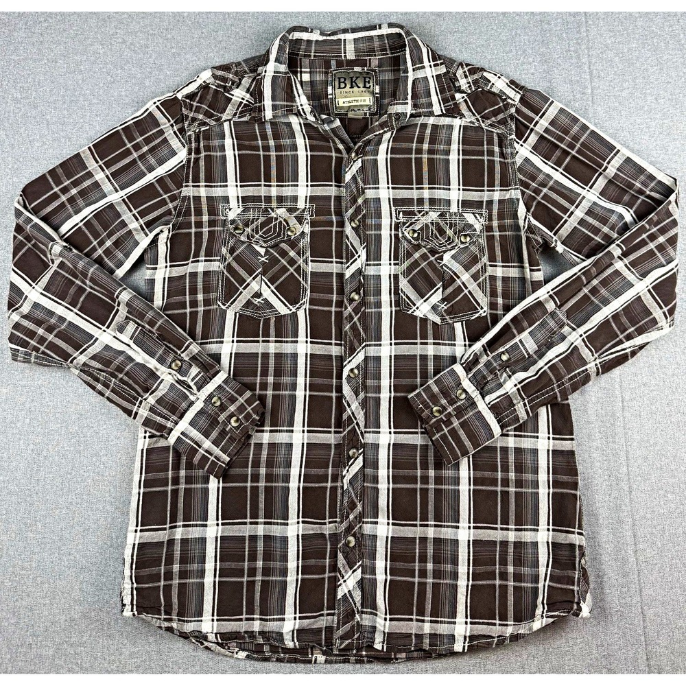 BKE Athletic Fit Plaid Pearl Snap Western Shirt Mens Medium Brown Gray Cotton
